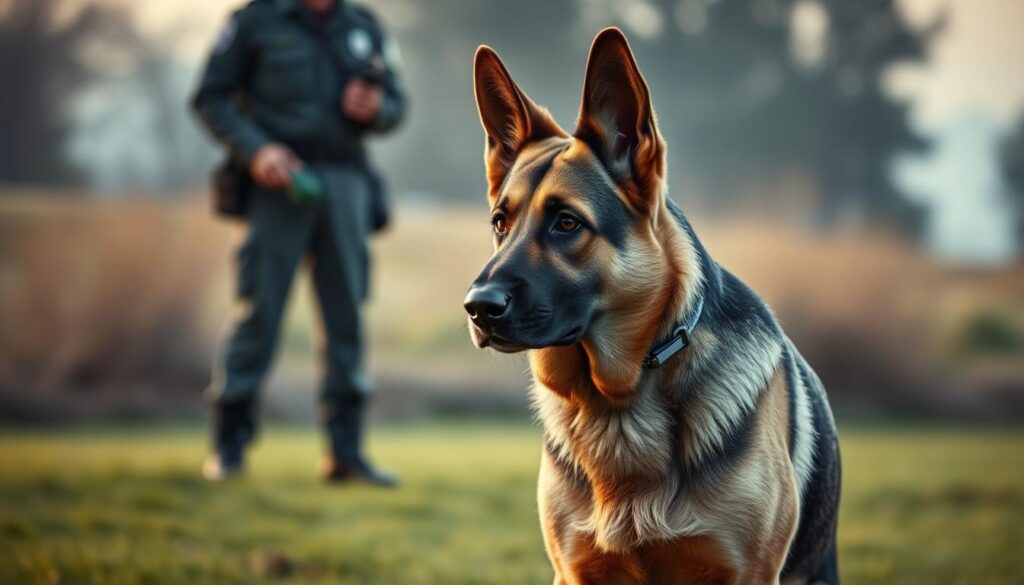 A German Shepherd police dog in a training session, standing attentive and alert on a grassy field. The dog's muscular build and intense gaze convey its strength and intelligence. In the background, a handler in a uniform holds a training toy, ready to engage the dog in obedience exercises. Soft, warm lighting illuminates the scene, creating a sense of focus and professionalism. The camera angle is slightly low, emphasizing the dog's power and the handler's authority. The overall atmosphere is one of discipline, dedication, and the close bond between the German Shepherd and its human partner.