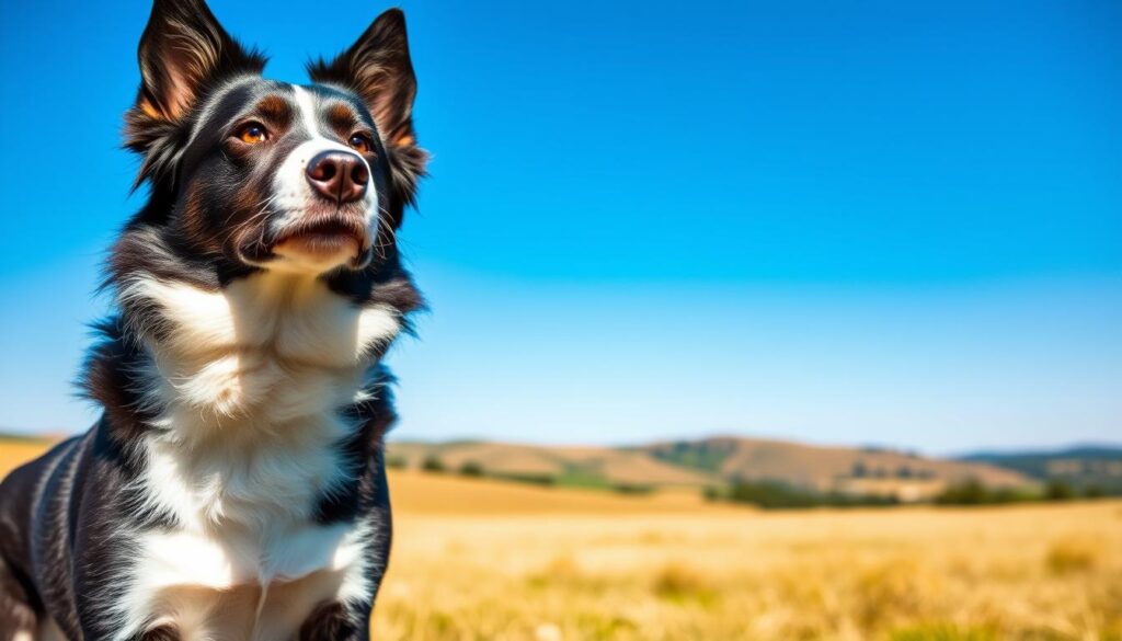 A border collie with intense focus and intelligence, its eyes gleaming with a keen understanding of the world. The dog stands in a sunlit field, its black and white coat glistening. In the middle ground, rolling hills and a vibrant blue sky create a peaceful, pastoral scene. The lighting is warm and natural, accentuating the collie's alert expression and graceful pose. The camera angle is slightly low, giving the impression of observing an exceptional canine mind at work. An aura of wisdom and problem-solving ability emanates from this remarkable border collie, the "Einstein of the dog world."