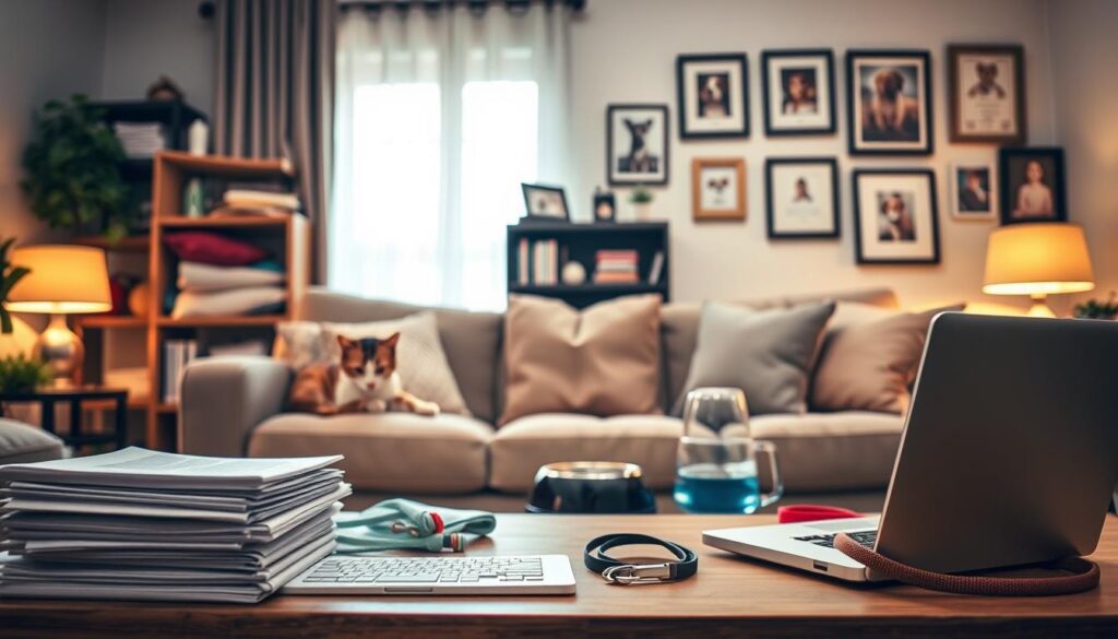 A cozy living room interior with a cat lounging on a plush sofa, surrounded by various pet accessories and items that demonstrate comprehensive coverage for tenants. Warm, diffused lighting illuminates the scene, creating a sense of comfort and security. In the foreground, a stack of documents and a laptop symbolize research and planning for responsible pet ownership. The middle ground features a well-stocked pet supply cabinet, a water bowl, and a leash, underscoring the importance of preparedness. The background showcases framed pet photos and certificates, conveying the cherished role of pets in the home. This image evokes a atmosphere of proactive pet-friendly living, encouraging renters to prioritize prevention strategies for their furry companions.