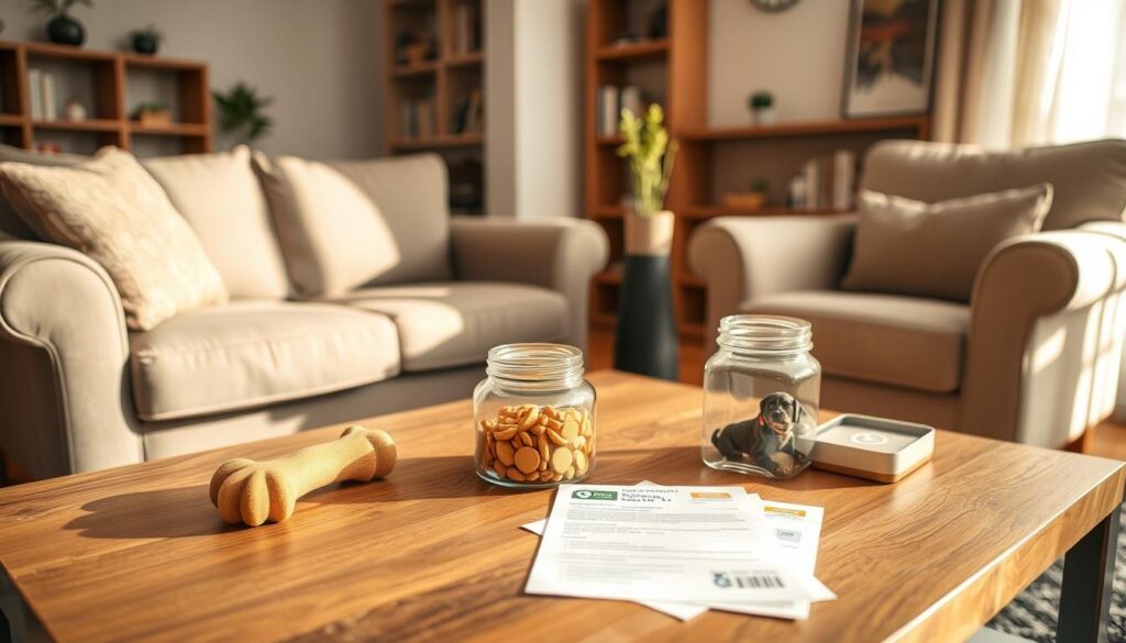 A cozy living room with a plush sofa, armchair, and a coffee table. On the coffee table, various pet-related items are arranged neatly: a chew toy, a treat jar, and a set of pet insurance documents. The room is bathed in warm, natural lighting, giving it a welcoming and comfortable atmosphere. In the background, a bookshelf and a small potted plant add to the sense of a well-curated, pet-friendly space. The overall scene conveys the idea of comprehensive pet-friendly renters insurance coverage, providing both protection and a harmonious living environment for pet owners.