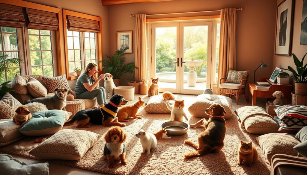A cozy pet sitting room with inviting natural light streaming in from large windows. Fluffy pillows and toys scattered around a warm, earthy color palette. In the foreground, a pet owner and sitter engaged in playful interactions with a variety of furry companions - dogs, cats, and even a small hamster. The middle ground showcases various pet care amenities like food bowls, beds, and grooming supplies. The background subtly depicts a calming outdoor scene with lush greenery and a serene water feature, hinting at the loving, nurturing environment. The overall mood is one of comfort, care, and companionship, inviting the viewer to imagine the peace of mind of leaving their beloved pets in capable, attentive hands.