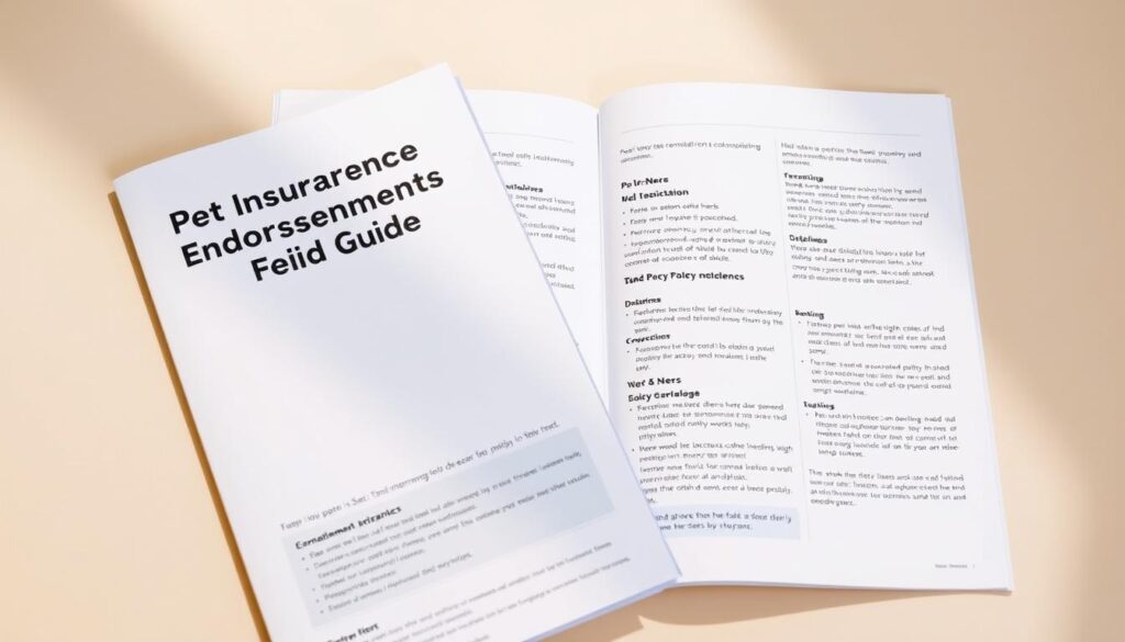 A crisp, cleanly designed document with a minimalist yet informative layout. On the cover, the title "Pet Insurance Policy Endorsements Guide" is prominently displayed in a modern, legible font. The pages contain clearly delineated sections with subheadings, bullet points, and a balance of white space to aid readability. Warm, natural lighting illuminates the pages, conveying a sense of authority and trustworthiness. The overall aesthetic is professional, practical, and easy to navigate, reflecting the content's purpose of guiding pet owners through the complexities of policy endorsements.