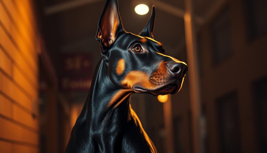 A fearless Doberman Pinscher stands alert, its muscular frame and piercing gaze radiating intelligence and protectiveness. Warm, directional lighting illuminates its sleek, glossy coat, casting dramatic shadows that highlight the breed's regal features. The Doberman's keen eyes survey the scene, its ears perked forward, ready to spring into action at the slightest sign of danger. The background is a dimly lit, urban setting, suggesting the breed's versatility in both domestic and professional environments. An aura of confidence and unwavering dedication emanates from the Doberman, embodying the breed's reputation as a formidable and highly capable companion.