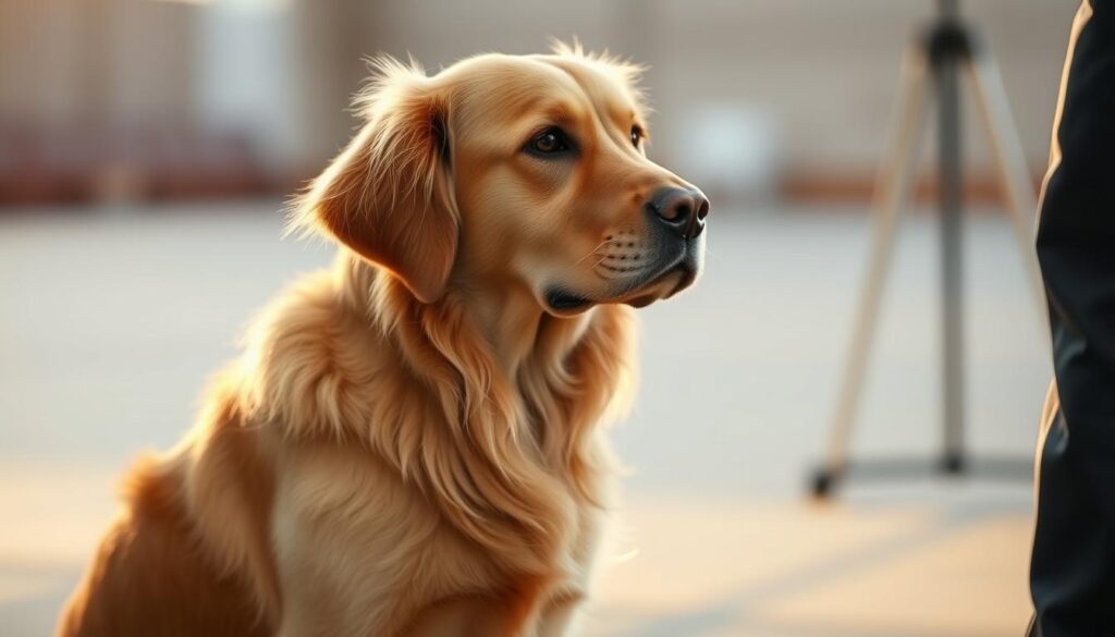A golden retriever, sitting alert and attentive, its intelligent gaze fixed on its trainer. The dog's muscular yet graceful frame is bathed in warm, golden light, conveying its eagerness to learn. In the background, a soft, blurred scene depicts a tranquil training area, with subtle hints of training equipment. The composition emphasizes the close bond between the dog and its handler, capturing the breed's renowned trainability and desire to please. Photographed with a shallow depth of field, creating a sense of focus and intimacy.