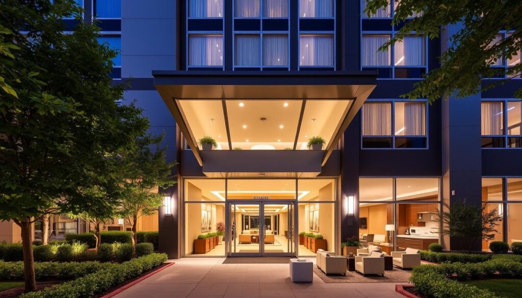 A grand, modern hotel facade with a warm, welcoming atmosphere. The Staybridge Suites Denver Cherry Creek stands tall, its facade clad in sleek, contemporary materials. The entrance is adorned with an elegant canopy, inviting guests to step inside. Lush, manicured greenery surrounds the hotel, creating a serene, pet-friendly ambiance. The interior features a spacious lobby with plush seating areas and a full-service kitchen, catering to extended-stay comfort. Soft, diffused lighting casts a cozy glow, while large windows allow natural light to flood the space. The overall impression is one of upscale, yet homely sophistication - a perfect oasis for both human and four-legged travelers alike.