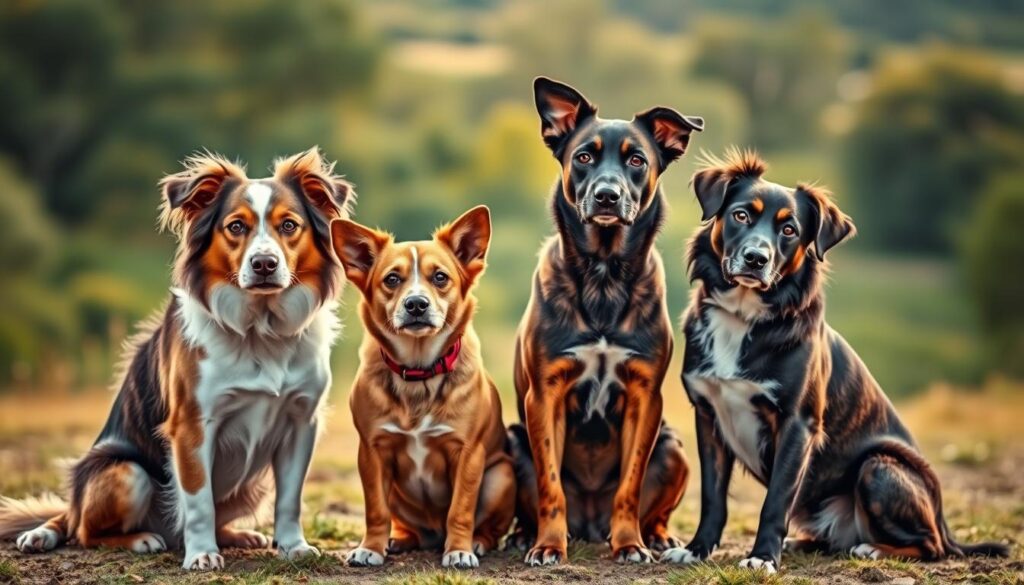 A group of four intelligent mixed-breed dogs, each with a distinct appearance and personality, posing together in a well-lit, natural setting. The dogs are sitting attentively, their expressions conveying a sense of curiosity and alertness. The background features a lush, verdant landscape with soft, warm lighting, creating a harmonious and inviting atmosphere. The composition highlights the diversity and unique qualities of these exceptional canine companions, showcasing their potential as smart, versatile, and loving members of the family.