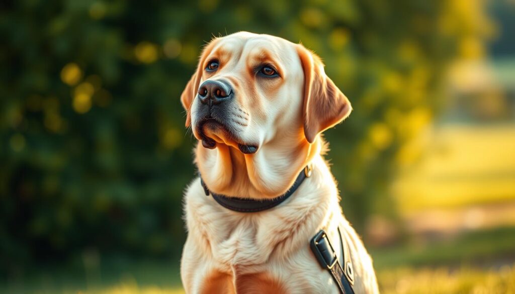 A loyal Labrador Retriever service dog, sitting attentively with its focused gaze and gentle expression. The dog's golden coat gleams under the soft, warm lighting, accentuating its muscular build and athletic physique. In the foreground, the service dog's harness and leash are clearly visible, signifying its trained role to assist its human companion. The middle ground features a serene, natural setting with lush greenery and a calm, tranquil atmosphere, emphasizing the dog's versatility and adaptability. The background is slightly blurred, keeping the attention on the dog's unwavering attention and dedication to its duties. Overall, the image conveys the Labrador Retriever's intelligence, loyalty, and suitability as a trusted companion and service animal.