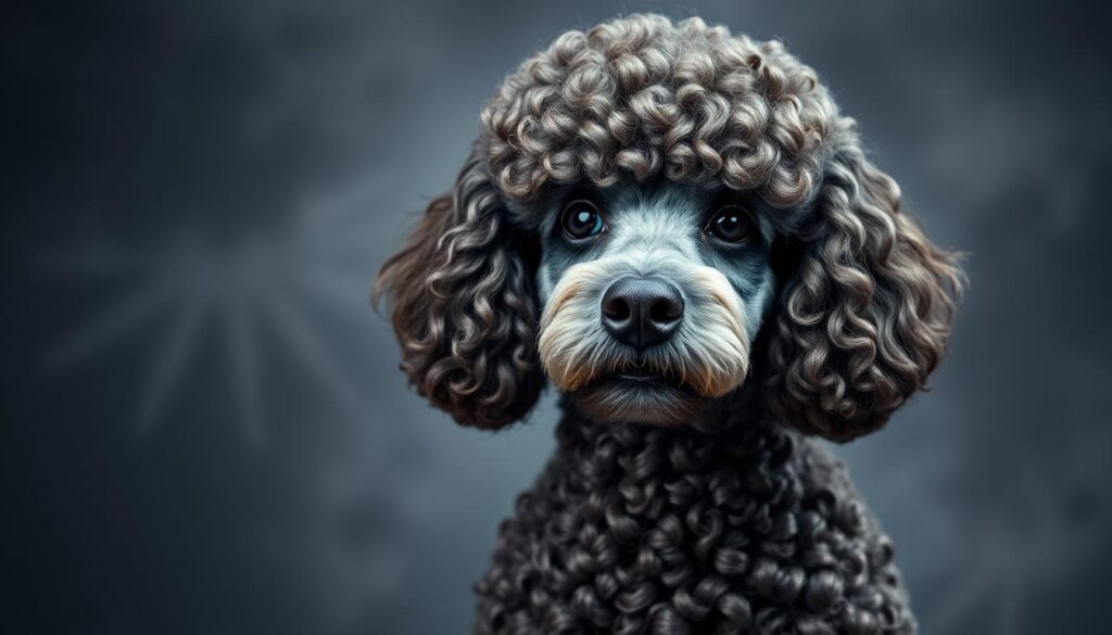 A majestic poodle in a sophisticated, artistic setting. The poodle's intelligent, alert gaze and well-groomed, curly coat are the focal point, surrounded by a blurred, ethereal background. Soft, diffused lighting illuminates the poodle's features, highlighting its regal bearing. The composition features a harmonious balance of colors, with subtle shades of grey, blue, and white creating a sense of elegance and refinement. The overall mood is one of sophistication, intelligence, and the unique beauty of the poodle breed.