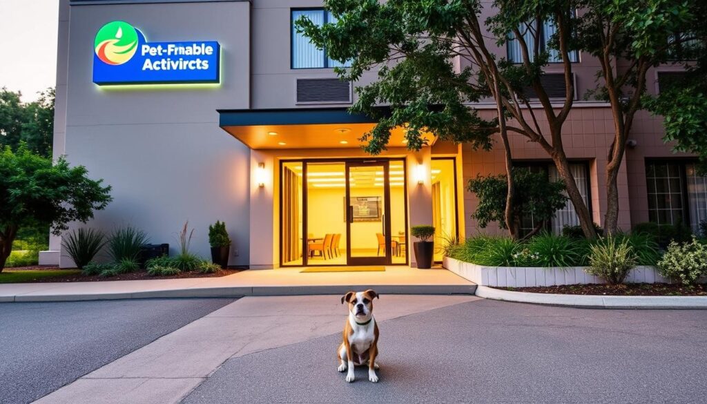 A modern, pet-friendly hotel exterior with a welcoming facade. A wide, well-lit entrance invites guests to step inside, with a lush, landscaped garden surrounding the building. The hotel's logo and signage are prominently displayed, conveying an image of affordable, comfortable accommodations. Warm lighting casts a cozy glow, and the building's architecture features clean lines and a contemporary design. In the foreground, a small dog sits attentively, awaiting its owners, showcasing the hotel's dedication to welcoming furry friends. The overall scene exudes a sense of relaxation and hospitality, capturing the essence of a budget-friendly, pet-friendly hotel experience.