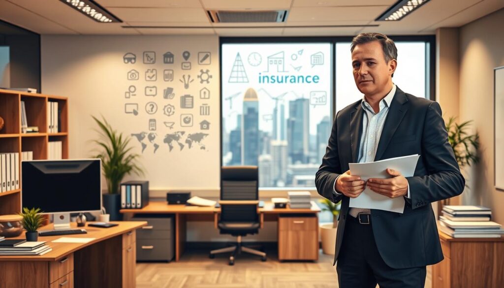 A professional, well-lit office interior with a large desk, a computer monitor, and various office supplies. In the foreground, a business person in a suit stands, holding documents and gesturing, conveying a sense of diligence and concern. The middle ground features a wall displaying various insurance-related icons and graphics, suggesting the importance of risk management. The background showcases a cityscape through a large window, creating a sense of professionalism and the broader business context. The lighting is warm and focused, creating a sense of authority and expertise.
