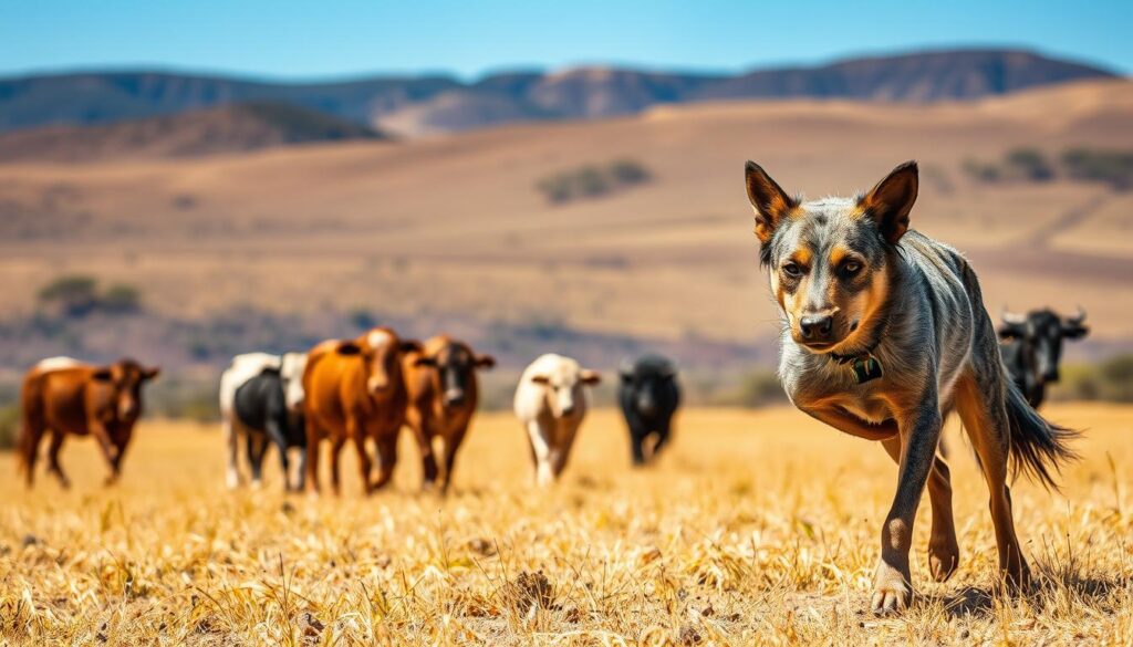 A rugged Australian Cattle Dog, its intense gaze focused, herds a small herd of cattle across a sun-dappled field in the outback. The dog's compact, muscular frame and alert stance convey its inherent intelligence and work ethic as it guides the herd with nimble movements, its shaggy coat glistening in the warm light. In the middle ground, the cattle amble obediently, their varied browns and whites complementing the dog's mottled blue-gray fur. The distant horizon is dotted with rolling hills and a brilliant azure sky, creating a sense of vast, untamed wilderness. This image embodies the Australian Cattle Dog's unwavering dedication and problem-solving abilities that have made it an indispensable working dog in the harsh Australian terrain.