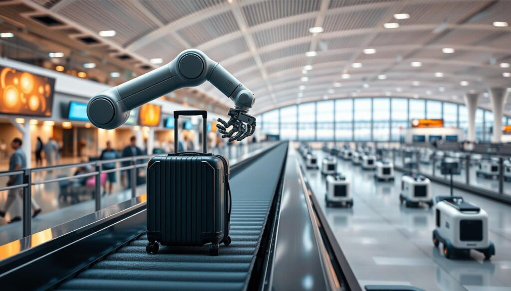 A sleek, futuristic Nvidia AI-powered robotic arm gracefully manipulates a suitcase on a conveyor belt, showcasing the seamless integration of automation and travel. Amidst a bustling airport terminal backdrop, the robotic arm's precision movements are illuminated by soft, directional lighting, creating a sense of futuristic elegance. In the middle ground, a fleet of autonomous luggage carts and passenger-assisting robots glide effortlessly, while the background is dominated by a panoramic view of the terminal's expansive architecture, hinting at the transformative potential of Nvidia's AI-driven robotics technology in the travel industry.