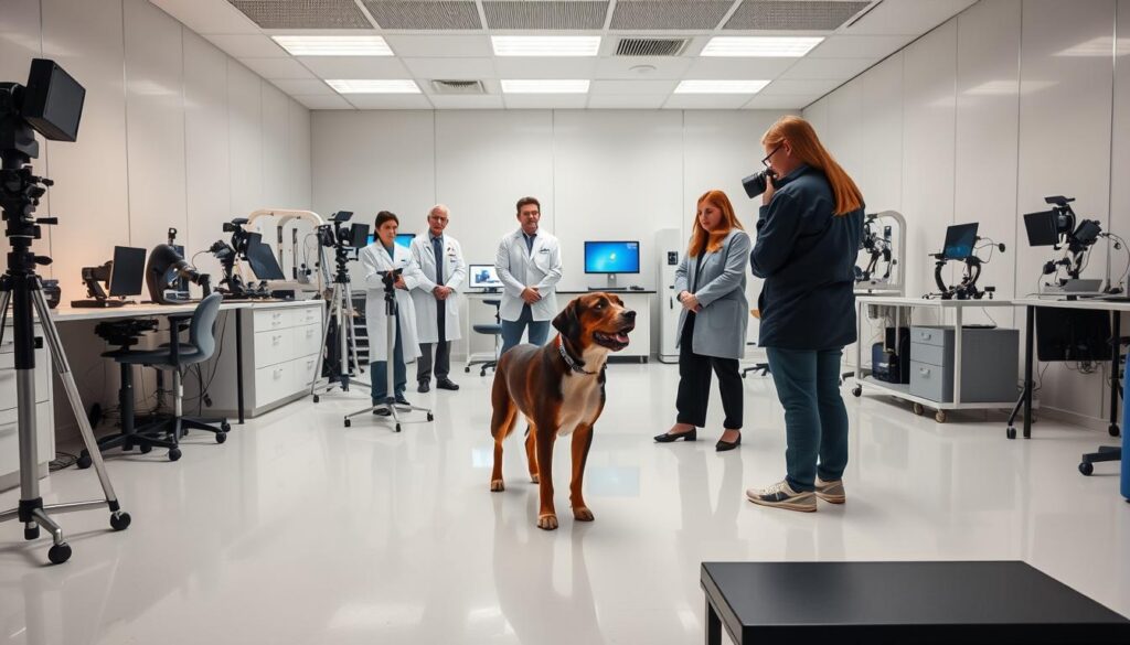 A sophisticated laboratory setting with a team of researchers conducting experiments to study canine intelligence. The foreground features a group of scientists observing a dog undergoing various cognitive tests, such as problem-solving tasks and memory exercises. The middle ground showcases various scientific equipment, including cameras, monitors, and specialized testing apparatus. In the background, a clean, well-lit room with white walls and floors, creating a clinical and professional atmosphere. Subtle lighting casts a warm glow, highlighting the serious nature of the research. The overall composition conveys a sense of scientific inquiry and the pursuit of understanding the complex cognitive abilities of man's best friend.