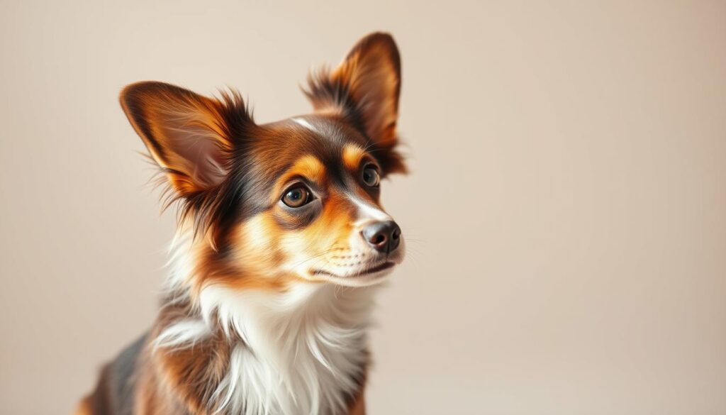 A well-groomed Papillon dog sitting attentively, its intelligent gaze shining with curiosity. The dog's finely-featured face and delicate, butterfly-like ears are accentuated by soft, natural lighting from the side, creating a warm, inviting atmosphere. The dog is positioned in the foreground, with a blurred, neutral background that allows the subject to take center stage. The image conveys the Papillon's keen senses, alertness, and intuitive understanding, reflecting its reputation as one of the most intelligent small dog breeds.