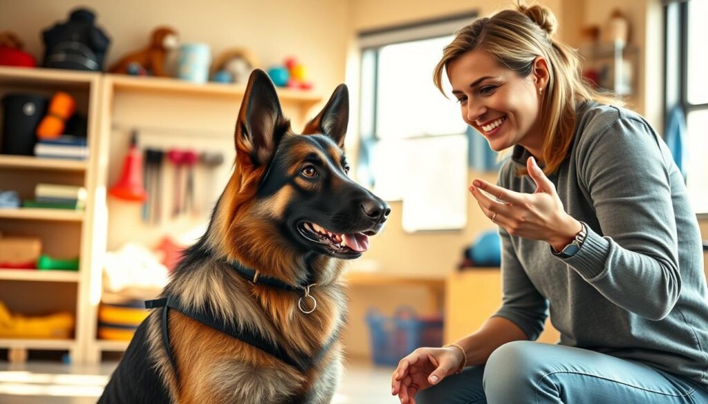 A well-lit indoor setting with a German shepherd dog sitting attentively, focused on its trainer who is using positive reinforcement techniques to teach the canine various commands and tricks. The trainer's facial expression is calm and encouraging, guiding the dog through the exercises with hand signals and verbal cues. The background features shelves with training equipment, toys, and dog accessories, conveying a professional dog training environment. Warm, natural lighting filters through the windows, creating a pleasant, productive atmosphere conducive to effective canine intelligence training.