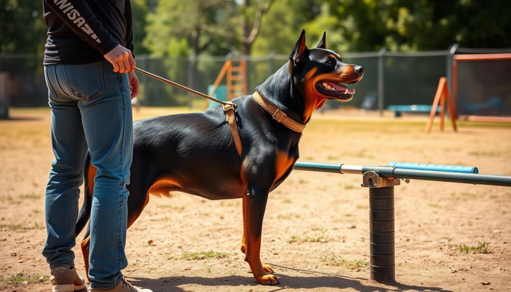 A well-trained Rottweiler stands alert, its muscular frame radiating intelligence and power. In a sunlit training yard, the dog attentively watches its handler, responding to hand signals and verbal commands with precision. The handler, using positive reinforcement techniques, guides the Rottweiler through a series of agility exercises, building its problem-solving skills and strengthening the bond between animal and human. The scene conveys the Rottweiler's remarkable aptitude, its natural strength seamlessly combined with a keen, adaptable mind - a testament to the breed's remarkable potential when nurtured with care and expertise.