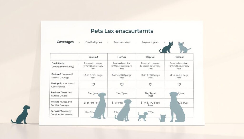Detailed illustration of the different pet insurance coverage options, presented against a clean, professional backdrop. The foreground should feature a grid or matrix displaying the key coverage types, deductibles, and payment plans, with clear iconography and typography to convey the information. The middle ground could include silhouettes of various pet types to represent the diversity of coverage. The background should have a soft, elegant gradient or texture to establish a sense of authority and trust. Achieve a balanced, informative composition using a neutral color palette, subtle lighting, and a slightly elevated camera angle to create an impactful, educational visual.