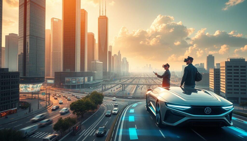 Nvidia Omniverse Simulation Technology for Travel: A futuristic cityscape bathed in a warm, golden glow, with towering skyscrapers and bustling city streets. In the foreground, a sleek, autonomous vehicle navigates the intricate traffic patterns, its sensors and cameras capturing real-time data. In the middle ground, engineers in virtual reality headsets collaborate on a holographic simulation, fine-tuning the city's infrastructure and transportation systems. The background showcases a serene, cloud-filled sky, hinting at the advanced weather simulation capabilities that enable accurate forecasting and optimized travel routes. The scene conveys a sense of technological sophistication, seamless integration, and the promise of a more efficient, sustainable, and user-friendly travel experience.
