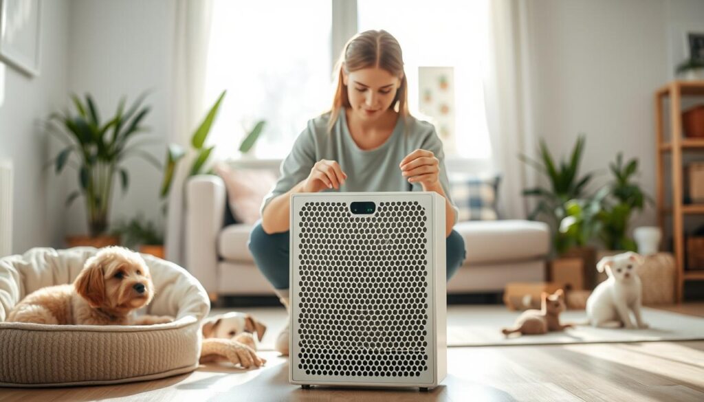 A clean and bright home environment featuring an air purifier in the foreground, surrounded by pet supplies like a dog bed and cat toys. In the middle, a pet owner in casual home attire is carefully maintaining the air purifier, inspecting the filter with a calm and focused expression. Soft, natural light streams in through a window, creating a warm and inviting atmosphere. The background shows a cozy living space with houseplants and pet-friendly decor, suggesting an emphasis on cleanliness and comfort. A shallow depth of field focuses on the air purifier and the hands of the person, creating a serene, engaging mood that illustrates the importance of maintenance for optimal performance in homes with pets. A clean and bright home environment featuring an air purifier in the foreground, surrounded by pet supplies like a dog bed and cat toys. In the middle, a pet owner in casual home attire is carefully maintaining the air purifier, inspecting the filter with a calm and focused expression. Soft, natural light streams in through a window, creating a warm and inviting atmosphere. The background shows a cozy living space with houseplants and pet-friendly decor, suggesting an emphasis on cleanliness and comfort. A shallow depth of field focuses on the air purifier and the hands of the person, creating a serene, engaging mood that illustrates the importance of maintenance for optimal performance in homes with pets.
