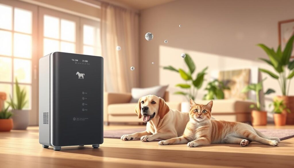 A detailed illustration of a pet-friendly air purifier, emphasizing its key features. In the foreground, the air purifier is sleek and modern, with indicators showing filtration stages, a pet silhouette on the front, and easy-to-use touch controls. In the middle ground, a happy dog and cat lounge nearby, breathing easily in a clean air environment, surrounded by visible particles being captured by the purifier. The background features a cozy home setting with soft lighting filtering through large windows, indicating a clean and inviting atmosphere. A warm color palette suggests comfort and tranquility, evoking a sense of well-being for both pets and their owners. Natural elements like potted plants enhance the peaceful ambiance while maintaining focus on the air purifier. A detailed illustration of a pet-friendly air purifier, emphasizing its key features. In the foreground, the air purifier is sleek and modern, with indicators showing filtration stages, a pet silhouette on the front, and easy-to-use touch controls. In the middle ground, a happy dog and cat lounge nearby, breathing easily in a clean air environment, surrounded by visible particles being captured by the purifier. The background features a cozy home setting with soft lighting filtering through large windows, indicating a clean and inviting atmosphere. A warm color palette suggests comfort and tranquility, evoking a sense of well-being for both pets and their owners. Natural elements like potted plants enhance the peaceful ambiance while maintaining focus on the air purifier.