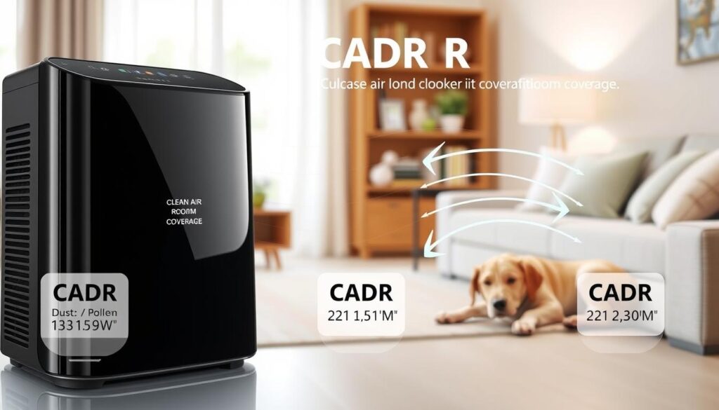 A detailed infographic-style illustration showcasing CADR ratings for pet air purifiers. In the foreground, feature a sleek, modern air purifier with a glossy finish, labeled with key specifications like CADR numbers for dust, pollen, and smoke. In the middle layer, include graphical representations of clean air flow, with arrows denoting room coverage overlaid on a subtle background of a cozy living room setting, complete with a pet lounging peacefully. The background should feature soft, diffused lighting, suggesting a clean and healthy atmosphere. Use a balanced color palette of calming blues and greens to evoke freshness, ensuring an educational yet inviting feel to the image. A detailed infographic-style illustration showcasing CADR ratings for pet air purifiers. In the foreground, feature a sleek, modern air purifier with a glossy finish, labeled with key specifications like CADR numbers for dust, pollen, and smoke. In the middle layer, include graphical representations of clean air flow, with arrows denoting room coverage overlaid on a subtle background of a cozy living room setting, complete with a pet lounging peacefully. The background should feature soft, diffused lighting, suggesting a clean and healthy atmosphere. Use a balanced color palette of calming blues and greens to evoke freshness, ensuring an educational yet inviting feel to the image.