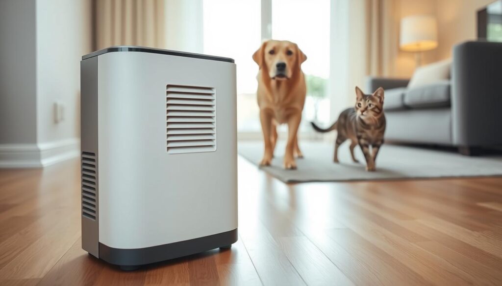 A modern Clorox True HEPA Air Purifier designed for pet owners, prominently displayed on a sleek wooden floor in a cozy living room. The foreground features the air purifier with a contemporary design, showcasing its control panel and air vent. In the middle ground, a playful golden retriever and an inquisitive tabby cat explore the space, highlighting the pet-friendly focus of the device. The background consists of a bright window with sheer curtains allowing sunlight to illuminate the room, creating a warm and inviting atmosphere. The scene conveys a sense of cleanliness and comfort, ideal for pet lovers, with soft, natural lighting enhancing the homey feel. The angle is slightly elevated, focusing on the air purifier at eye level, making it the focal point of the image. A modern Clorox True HEPA Air Purifier designed for pet owners, prominently displayed on a sleek wooden floor in a cozy living room. The foreground features the air purifier with a contemporary design, showcasing its control panel and air vent. In the middle ground, a playful golden retriever and an inquisitive tabby cat explore the space, highlighting the pet-friendly focus of the device. The background consists of a bright window with sheer curtains allowing sunlight to illuminate the room, creating a warm and inviting atmosphere. The scene conveys a sense of cleanliness and comfort, ideal for pet lovers, with soft, natural lighting enhancing the homey feel. The angle is slightly elevated, focusing on the air purifier at eye level, making it the focal point of the image.