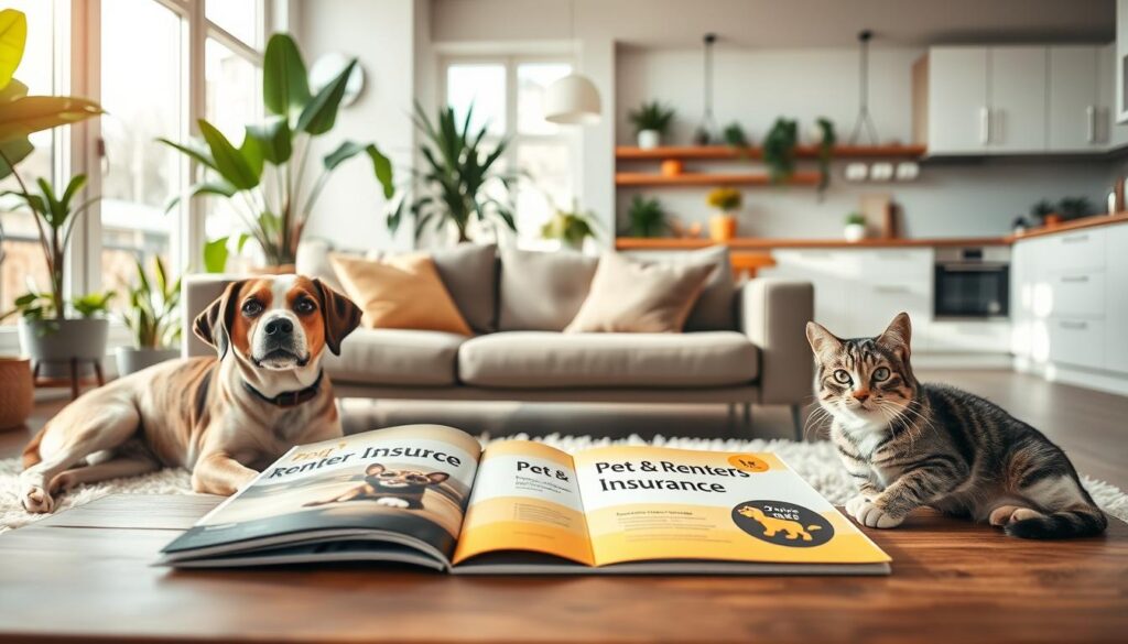 A modern apartment living room featuring a cozy space with a stylish couch and vibrant houseplants. In the foreground, a friendly, playful dog and a content cat are depicted lounging on a plush rug, showcasing the joy of having pets in a rental setting. On a coffee table, an open brochure titled "Pet & Renters Insurance Bundle" lies next to various pet toys, symbolizing the integration of pet insurance with renters insurance. Soft, natural lighting streams in through large windows, casting a warm glow over the scene. The background shows a well-organized, contemporary kitchen, creating an inviting, harmonious atmosphere that emphasizes the concept of complete protection for pets in a rental environment.