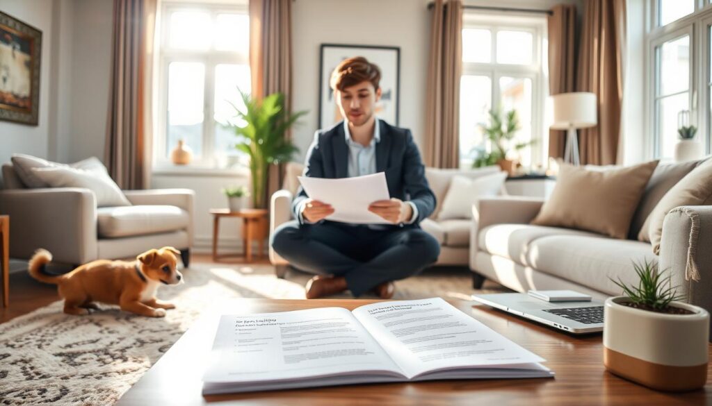 A serene indoor scene showcasing a modern, well-furnished living room where a small dog and a cat play peacefully on a cozy rug. In the foreground, a document titled "Pet Liability Coverage Options" lies open on a stylish coffee table, surrounded by a laptop and a potted plant. The middle of the scene features a young professional in smart casual attire, reviewing the document with a thoughtful expression. Natural sunlight pours through large windows, casting soft shadows and creating a warm atmosphere. The background is adorned with tasteful decor that suggests comfort and security, emphasizing the importance of pet liability coverage for renters. The overall mood is inviting and informative, conveying a sense of responsibility towards pet ownership.