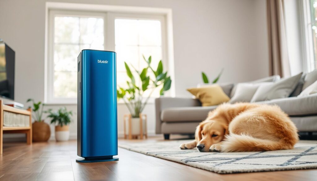 A sleek Blueair Blue Pure 211+ air purifier stands prominently in a bright, modern living room designed for pet owners. In the foreground, the purifier, featuring its iconic blue design and an easy-to-use cylindrical shape, emphasizes its user-friendly features. To the side, a fluffy golden retriever curls up peacefully on a stylish rug, portraying a harmonious pet-friendly environment. In the middle ground, a large window casts soft natural light, illuminating the purifier and creating an inviting atmosphere. The background shows green indoor plants, adding a touch of freshness to the scene. The overall mood is serene and clean, highlighting the importance of air quality in a space shared with pets, captured from a slightly elevated angle for a panoramic view. A sleek Blueair Blue Pure 211+ air purifier stands prominently in a bright, modern living room designed for pet owners. In the foreground, the purifier, featuring its iconic blue design and an easy-to-use cylindrical shape, emphasizes its user-friendly features. To the side, a fluffy golden retriever curls up peacefully on a stylish rug, portraying a harmonious pet-friendly environment. In the middle ground, a large window casts soft natural light, illuminating the purifier and creating an inviting atmosphere. The background shows green indoor plants, adding a touch of freshness to the scene. The overall mood is serene and clean, highlighting the importance of air quality in a space shared with pets, captured from a slightly elevated angle for a panoramic view.