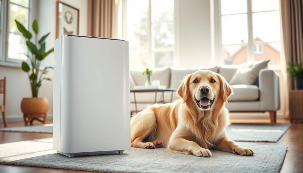 A sleek Coway Airmega 200M Air Purifier designed specifically for pet owners, placed prominently in a modern living room setting. In the foreground, the air purifier is centered, showcasing its elegant design with a gentle white finish and intuitive control panel. The middle layer features a playful golden retriever shedding fur, happily lying beside it, emphasizing the product's functionality for heavy-shedding pets. The background includes a stylish sofa, a small indoor plant, and sunlit windows allowing natural light to flood the room, creating a warm and inviting atmosphere. The lighting is bright yet soft, highlighting the purifier's features while capturing a calm and clean ambience. The overall mood is serene and pet-friendly, ideal for showcasing the Coway Airmega 200M's effectiveness in maintaining air quality in pet households. A sleek Coway Airmega 200M Air Purifier designed specifically for pet owners, placed prominently in a modern living room setting. In the foreground, the air purifier is centered, showcasing its elegant design with a gentle white finish and intuitive control panel. The middle layer features a playful golden retriever shedding fur, happily lying beside it, emphasizing the product's functionality for heavy-shedding pets. The background includes a stylish sofa, a small indoor plant, and sunlit windows allowing natural light to flood the room, creating a warm and inviting atmosphere. The lighting is bright yet soft, highlighting the purifier's features while capturing a calm and clean ambience. The overall mood is serene and pet-friendly, ideal for showcasing the Coway Airmega 200M's effectiveness in maintaining air quality in pet households.