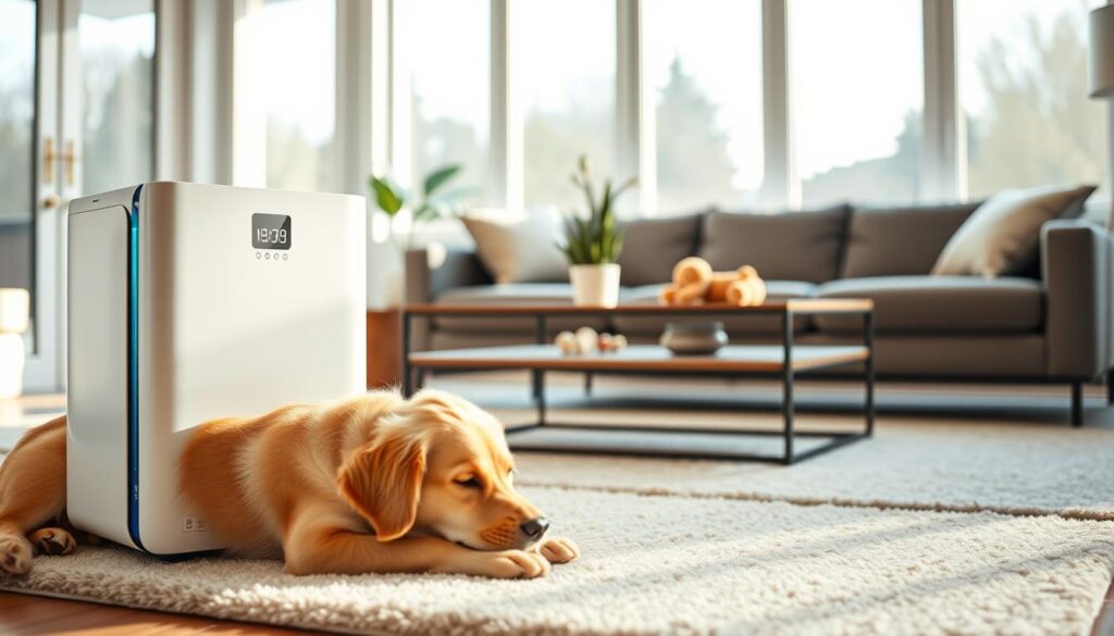 A sleek Honeywell InSight HEPA Air Purifier sits prominently in a cozy modern living room, designed for pet owners. The purifier is white with elegant blue accents, showcasing a digital display indicating real-time air quality metrics. In the foreground, a playful golden retriever rests on a plush, light-colored rug, while in the middle ground, a stylish coffee table holds pet toys and a potted plant. The background features large windows allowing soft, natural light to flood in, creating a warm and welcoming atmosphere. The overall mood is serene and focused on clean air, highlighting the air purifier's role in promoting a healthy home environment for pets. The angle is slightly elevated, capturing both the purifier and the pet in close-up detail. A sleek Honeywell InSight HEPA Air Purifier sits prominently in a cozy modern living room, designed for pet owners. The purifier is white with elegant blue accents, showcasing a digital display indicating real-time air quality metrics. In the foreground, a playful golden retriever rests on a plush, light-colored rug, while in the middle ground, a stylish coffee table holds pet toys and a potted plant. The background features large windows allowing soft, natural light to flood in, creating a warm and welcoming atmosphere. The overall mood is serene and focused on clean air, highlighting the air purifier's role in promoting a healthy home environment for pets. The angle is slightly elevated, capturing both the purifier and the pet in close-up detail.
