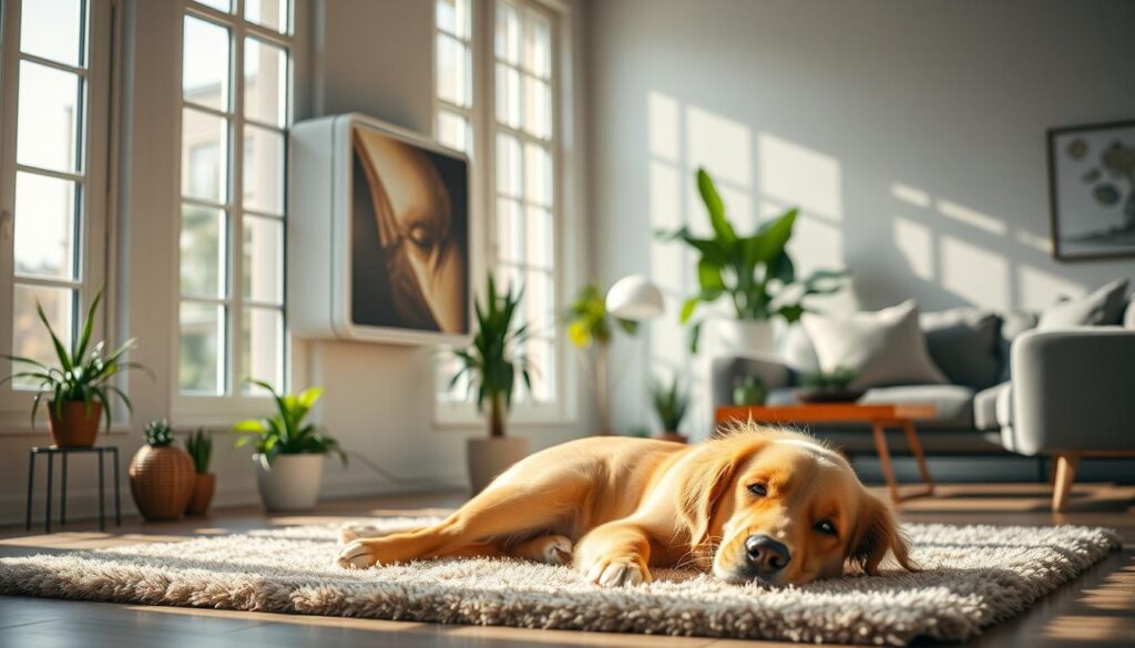 A sleek Rabbit Air MinusA2 wall-mounted air purifier is prominently displayed in a modern, well-lit living room setting. The purifier features a minimalist design with a white finish and customizable front panel art, showcasing its aesthetic adaptability. In the foreground, a playful golden retriever is lying comfortably on a plush rug, embodying a pet-friendly environment, while gentle sunlight filters through large windows, casting soft shadows. In the background, there are potted plants and stylish furniture, creating a cozy ambiance. The angle of the shot is slightly angled from below, emphasizing the purifier as the focal point while ensuring the room's inviting atmosphere is captured. The overall mood is fresh and peaceful, illustrating a retreat where both pets and humans enjoy clean air. A sleek Rabbit Air MinusA2 wall-mounted air purifier is prominently displayed in a modern, well-lit living room setting. The purifier features a minimalist design with a white finish and customizable front panel art, showcasing its aesthetic adaptability. In the foreground, a playful golden retriever is lying comfortably on a plush rug, embodying a pet-friendly environment, while gentle sunlight filters through large windows, casting soft shadows. In the background, there are potted plants and stylish furniture, creating a cozy ambiance. The angle of the shot is slightly angled from below, emphasizing the purifier as the focal point while ensuring the room's inviting atmosphere is captured. The overall mood is fresh and peaceful, illustrating a retreat where both pets and humans enjoy clean air.