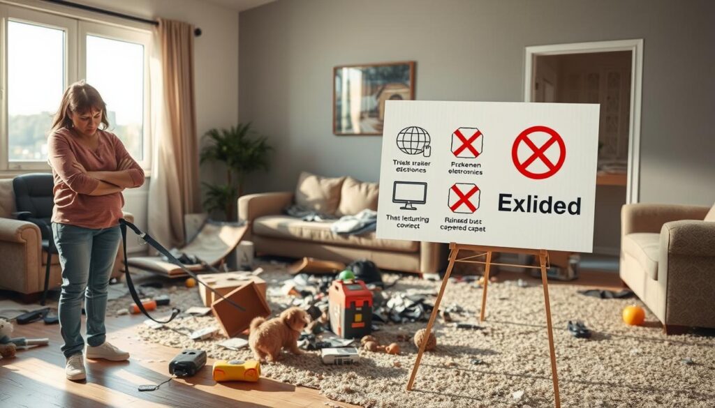 renters insurance pet coverage. A split-image design illustrating "Pet Damage Insurance Limitations." In the foreground, a distressed homeowner stands with a frowning expression, holding a pet's leash, looking at a fully damaged living room with torn furniture and scattered pet toys. In the middle, a large visible sign with crossed-out icons, depicting excluded damages like broken electronics and ruined carpets, clearly labeled 'Not Covered.' In the background, soft natural lighting filters through a window showing a calm and sunny day outside, contrasting the chaos within. The atmosphere is serious yet informative, focusing on the common misunderstandings about renters insurance for pets. Capture this scene with a slightly elevated angle to provide an overview of the damage while maintaining clarity on the homeowner’s troubled face.