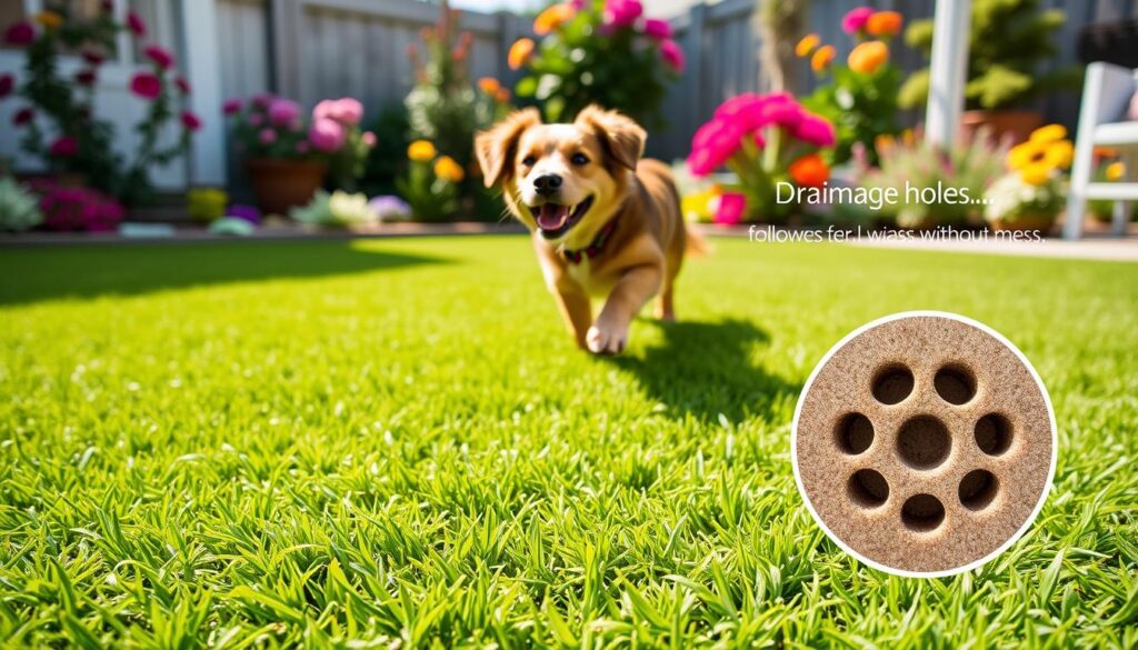 A vibrant green lawn of pet-safe artificial turf spreads across the foreground, featuring interwoven blades of synthetic grass that mimic real grass texture, soft and inviting. In the middle, a cheerful, medium-sized dog with a glossy coat plays joyfully, showcasing the turf's durability as it runs over it without any wear marks. A close-up view emphasizes key features like drainage holes integrated into the turf, allowing easy water passage without mess. In the background, a sunny backyard setting with vibrant flowers in bloom creates a welcoming atmosphere. Soft, natural light bathes the scene, enhancing the freshness of the turf. The image conveys a sense of joy and safety, perfect for pet owners seeking a reliable, enjoyable outdoor space for their furry friends.