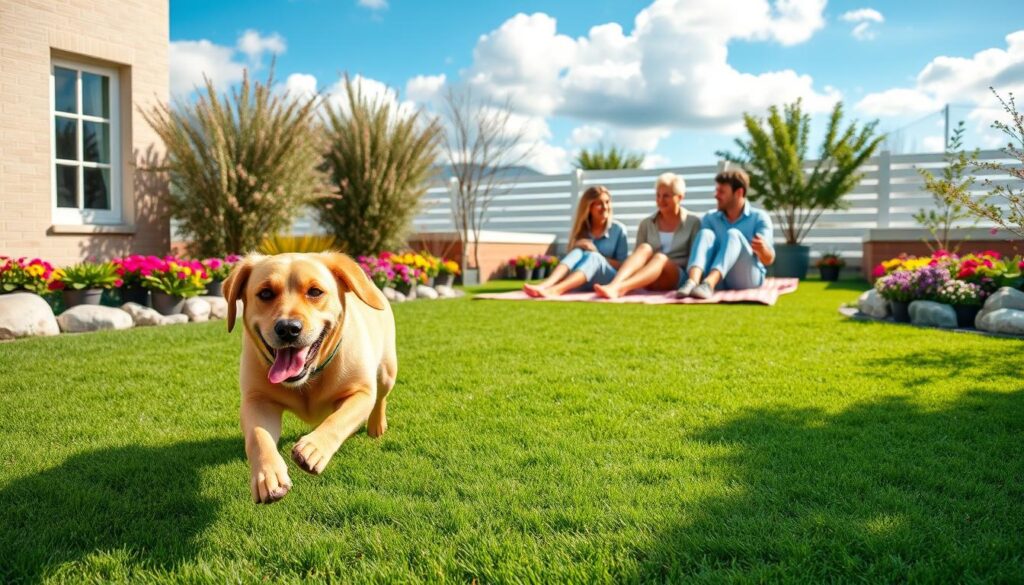 A vibrant spring scene featuring a lush, pet-friendly artificial turf installation designed for dogs and cats. In the foreground, a playful Labrador Retriever bounds across the bright green turf, its fur gleaming in the soft sunlight. In the middle, a family enjoys the space, sitting on a stylish picnic blanket, casually dressed in light spring attire. There are colorful planting beds of flowers and decorative stones around the turf, enhancing its luxurious appeal. In the background, a clear blue sky with fluffy white clouds adds a serene atmosphere. Soft, natural lighting illuminates the scene, creating an inviting and cheerful mood. The image should capture the essence of a vibrant spring day, emphasizing the suitability of the turf for pets.