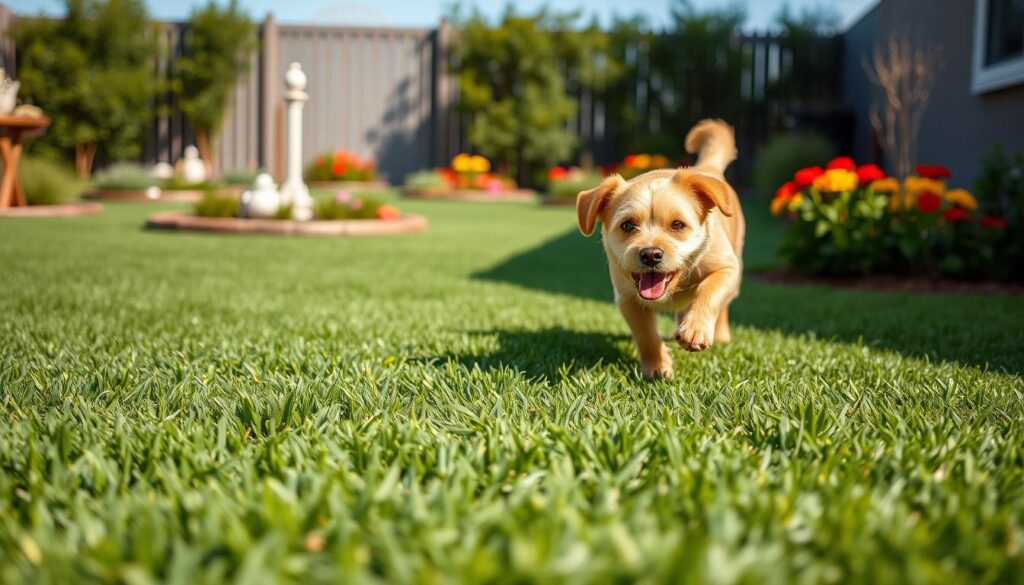 Lush, vibrant artificial grass designed specifically for dogs, featuring a natural look with varied shades of green and subtle texture differences to mimic real grass blades. Foreground: a playful dog, happily running and interacting with the soft surface, showcasing the comfort of the grass. Middle: a well-maintained backyard setting with flower beds and a small decorative fence, emphasizing the realistic appearance of the artificial grass. Background: a clear blue sky with gentle sunlight filtering through, casting soft shadows on the grass. Mood: cheerful and serene, reflecting a pet-friendly environment. Shot with a shallow depth of field to focus on the grass's texture and the dog's playful demeanor, creating an inviting, comfortable atmosphere.