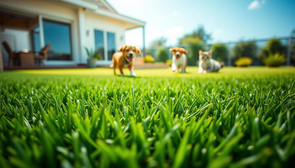 Viva 111UF Synthetic Pet Grass rendered in a lush, vibrant green, showcasing its premium quality and realistic texture. In the foreground, a close-up view highlights the grass blades, demonstrating exceptional drainage features with small drainage holes visible. The middle ground presents an idyllic backyard setting, complete with playful pets, such as a happy dog and a curious cat, interacting joyfully on the grass. The background features a clear blue sky and a modern home, with soft sunlight casting gentle shadows that enhance the scene’s warmth. Use a slightly elevated angle to capture the depth of the grass and the joyful pets, creating an inviting and serene atmosphere that emphasizes the product's appeal for pet owners.