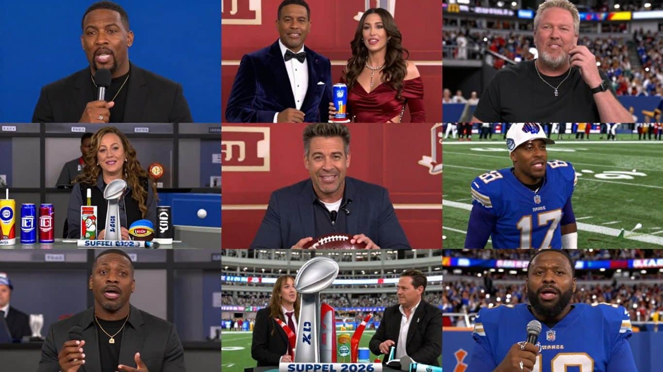 Super Bowl 2026 commercials collage with celebrities.